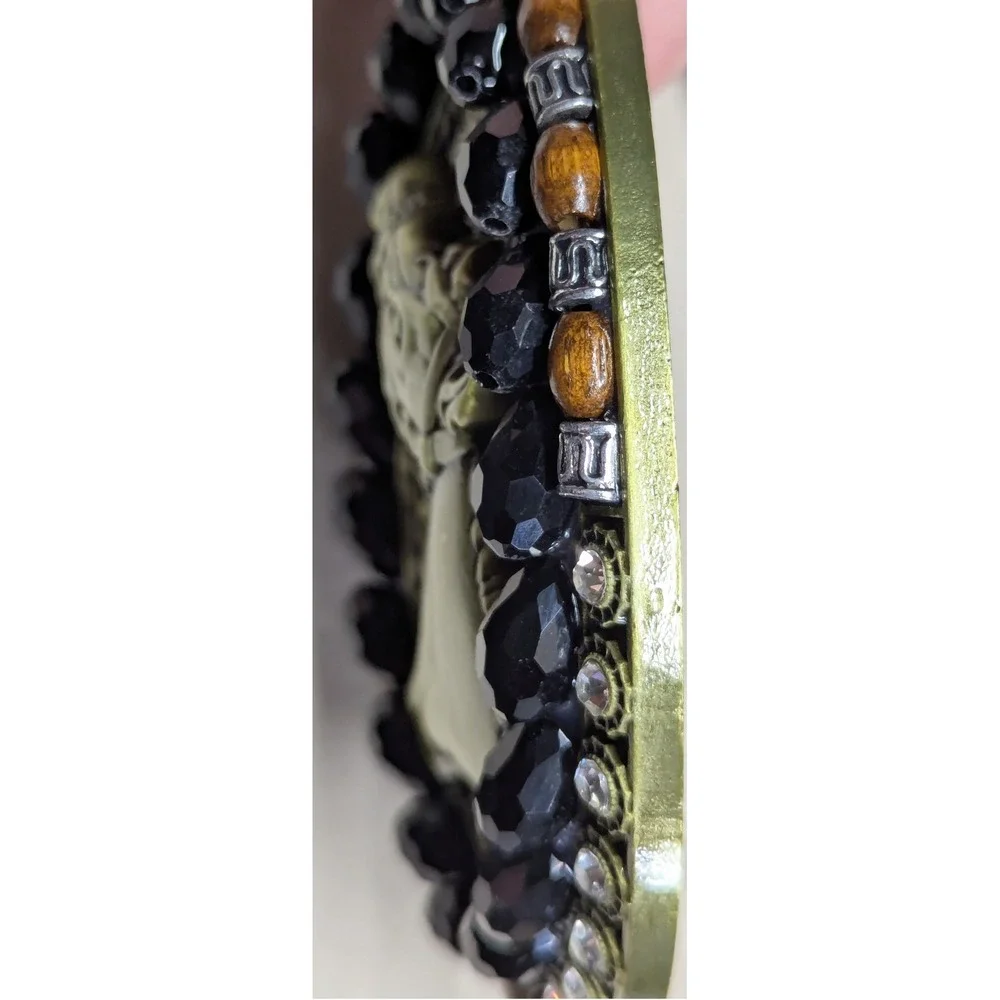 New Horse Head Belt Buckle Gold Tone Black Faceted Beads Clear Rhinestone Beaded